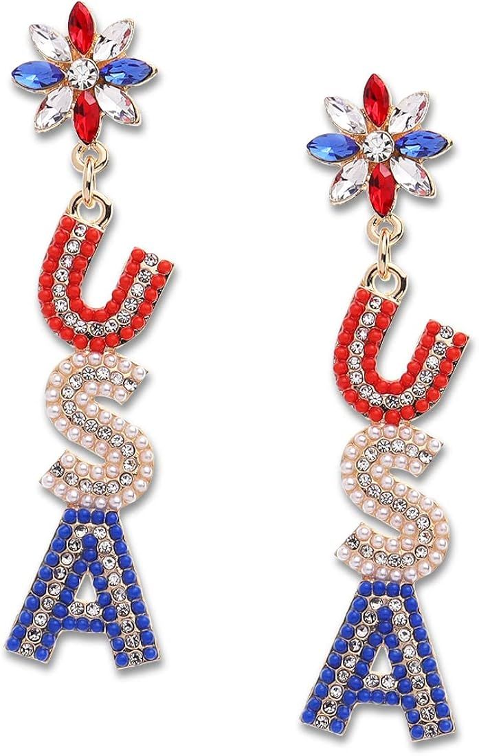 4th of July USA Earrings for Women Girls – Long Red White and Blue Star Beaded Rhinestone Flowe... | Amazon (US)