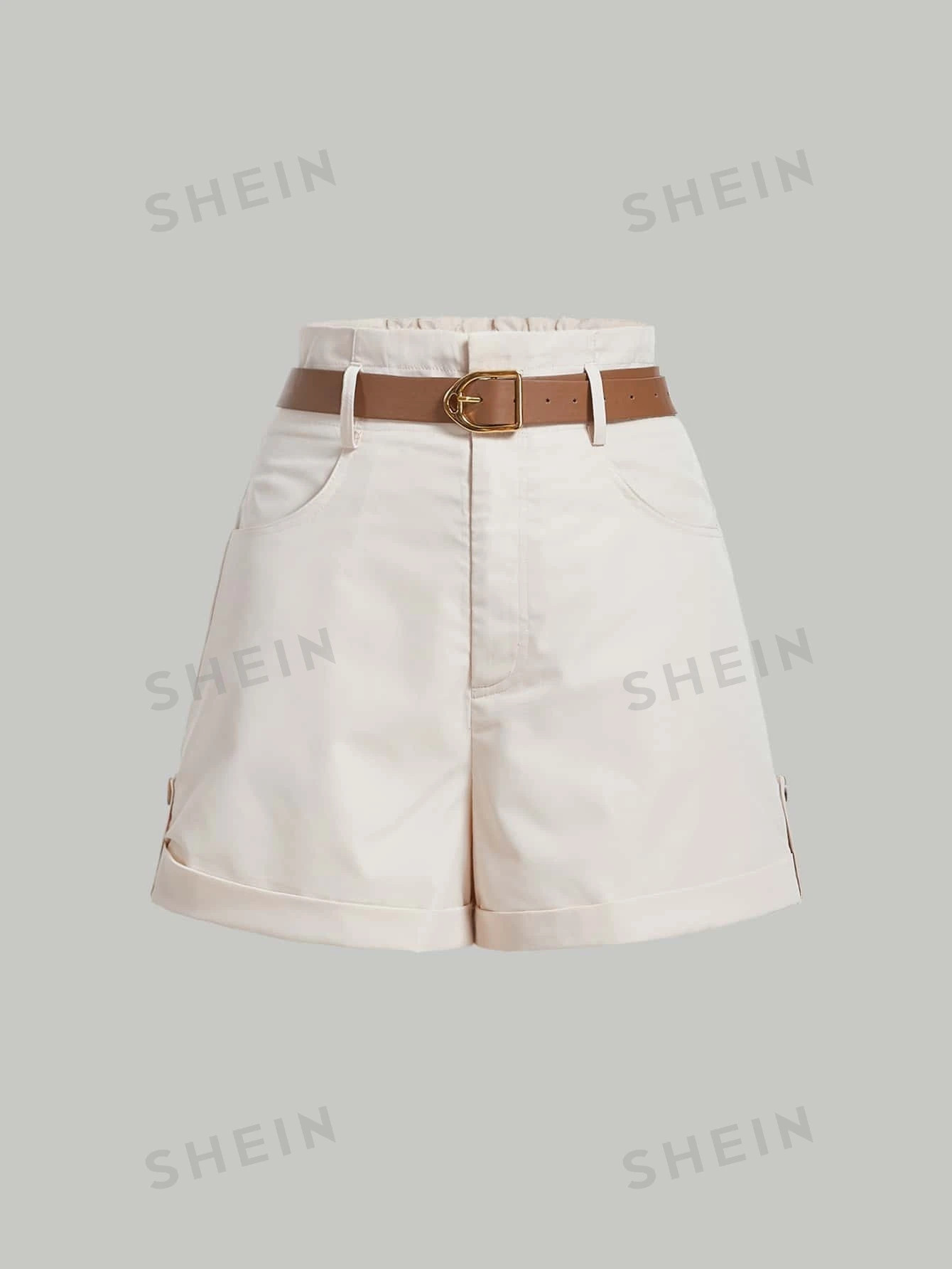 SHEIN MOD Slant Pocket Belted Khaki Straight Shorts With Free Belt | SHEIN