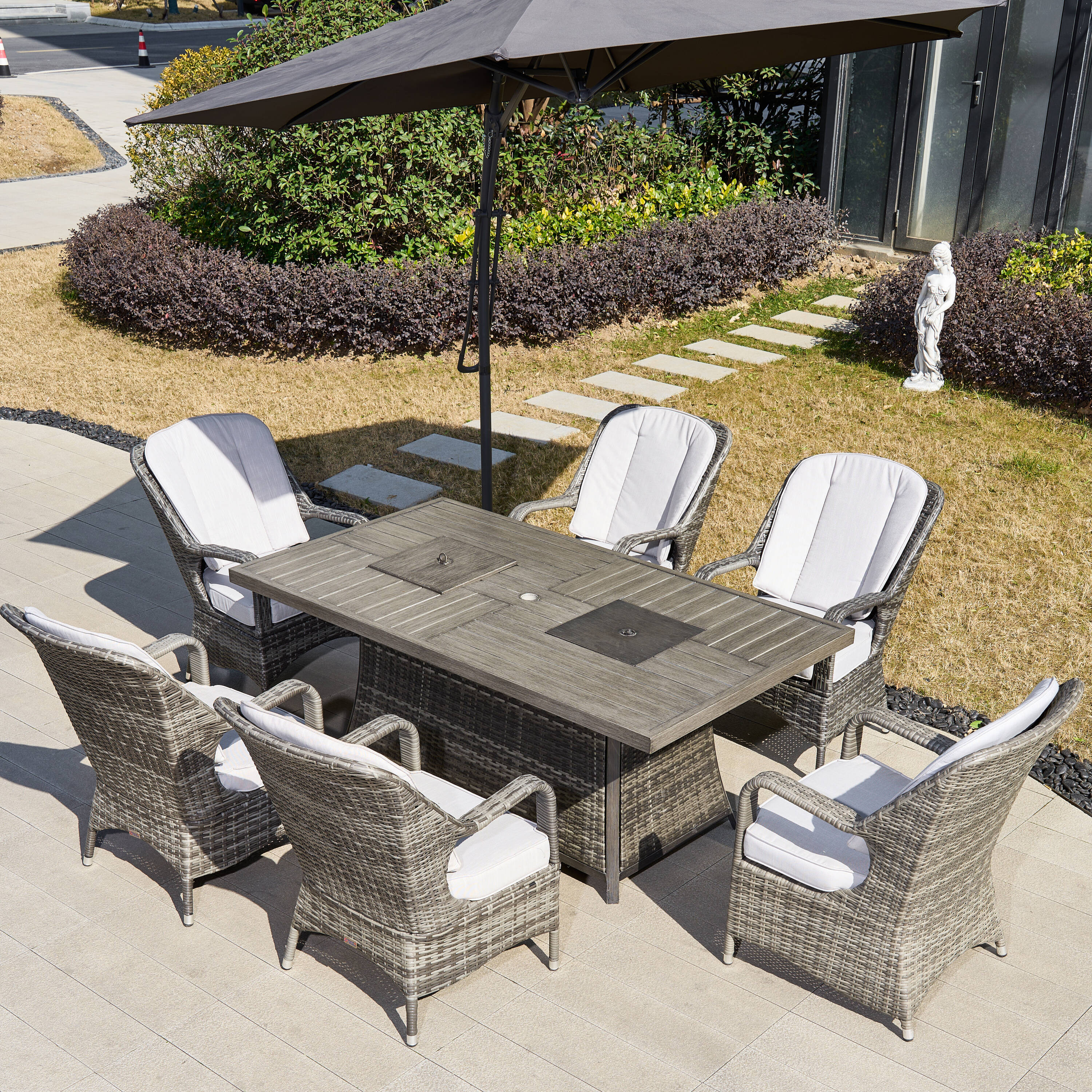 Direct Wicker Flame 7 -Piece Gray Wicker Patio Dining Set Wicker Rectangle Table with 6 Gray Cushions Stationary Chairs Fire Pit Included one_size | Lowe's