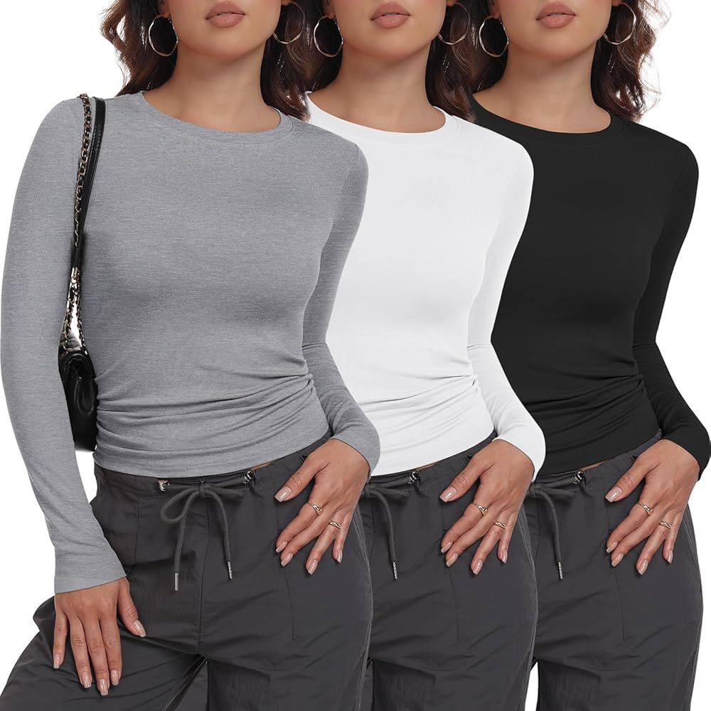 MLYENX Paquete de 3 camisas de manga larga para mujer, cuello redondo, básicas, elásticas, ajus... | Amazon (US)