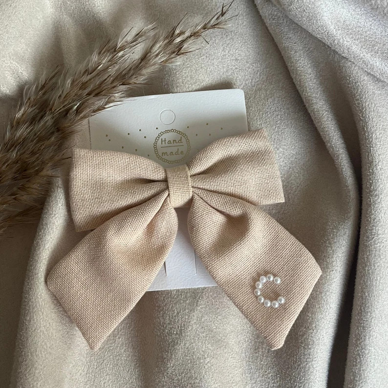 PERSONALISED GIRLS BOW, Beige Flower Girl Proposal Gift, Neutral Linen Christening Hair Clip, Tod... | Etsy (US)
