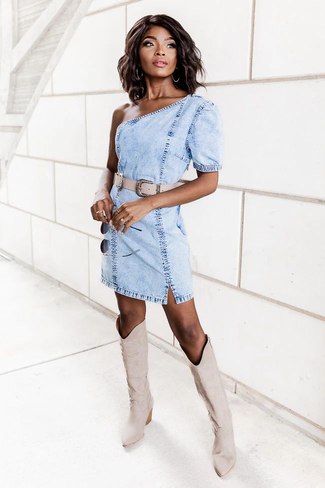 Downtown Nights One Shoulder Chambray Mini Dress | Pink Lily