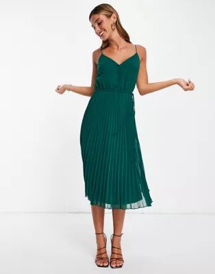ASOS DESIGN button front pleated cami midi dress with drawstring waist in forest green | ASOS (Global)
