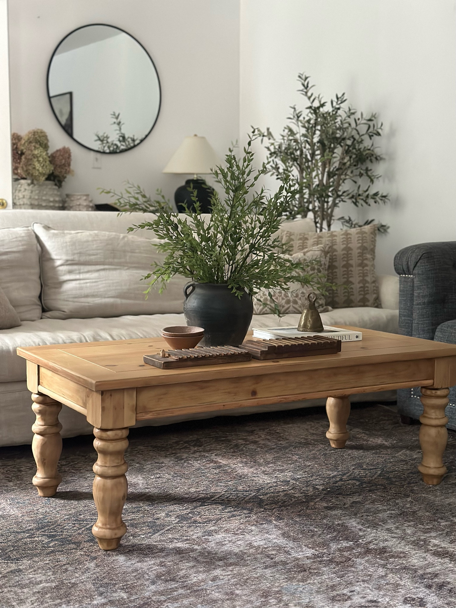 Pine coffee table, diy, found pot, Etsy, target decor, target home decor, cigar molds, antique cow bell, rh sofa, loloi rug

#LTKhome