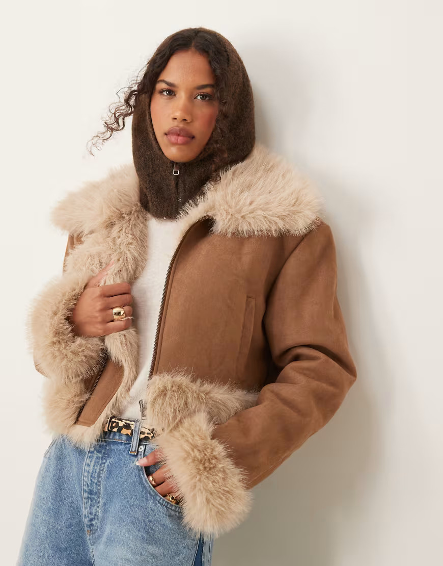 ASOS DESIGN faux fur bonded faux suede jacket in tan-Brown | ASOS (Global)