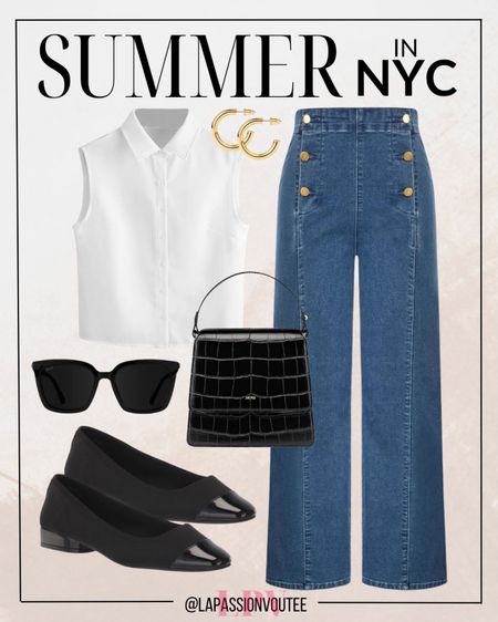 City sophistication with a touch of ease. Pair a sleeveless button-down shirt with flattering wide-leg denim jeans for a polished yet relaxed vibe. Elevate with hoop earrings and sleek sunglasses. Opt for a top-handle crossbody bag for practicality and slip into comfortable ballet flats for all-day elegance. #CityStyle 

#LTKstyletip #LTKSeasonal #LTKfindsunder100