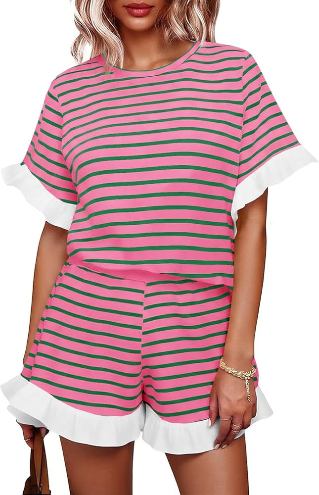Tankaneo Womens 2 Piece Striped Shorts Set Ruffle Short Sleeve Tops Hight Waist Shorts Matching S... | Amazon (US)