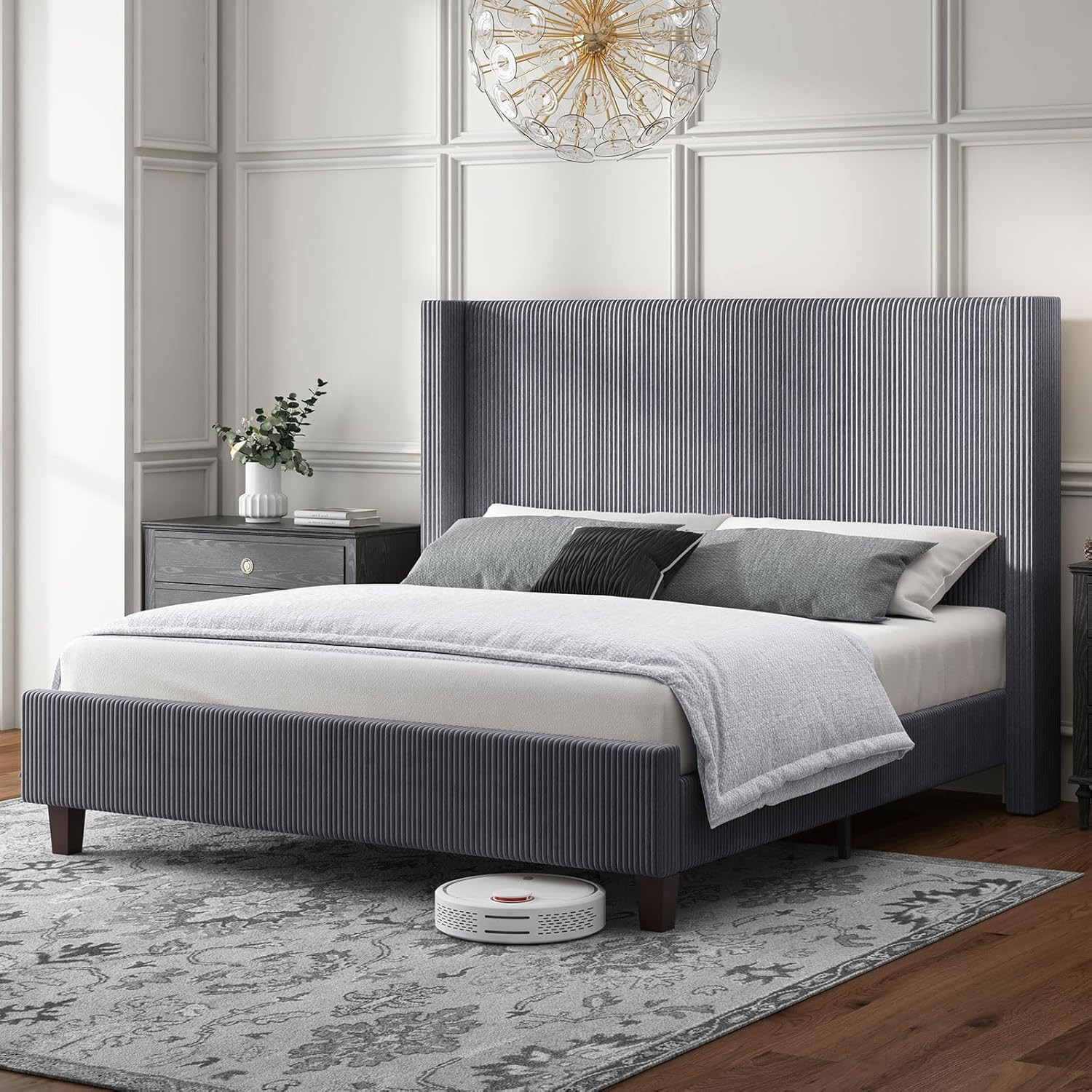 King Size Bed Frame with 50.8" Tall Wingback Headboard, Modern Corduroy Upholstered Platform Bed Frame with Solid Wood Slats & Legs, No Box Spring Needed, Noise-Reducing Design, Grey | Amazon (US)