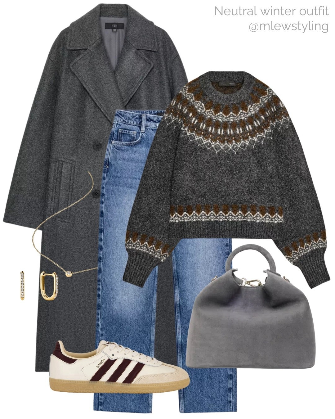 Fall or winter outfit with a cozy knit 🩶

Tags: new in Zara holiday sweater, crossover jeans, grey suede Elleme bag, adidas samba sneakers, grey oversized coat, Mejuri huggie hoops, gold necklace, neutral aesthetic, holiday shopping look

#LTKHoliday #LTKCyberWeek #LTKootd