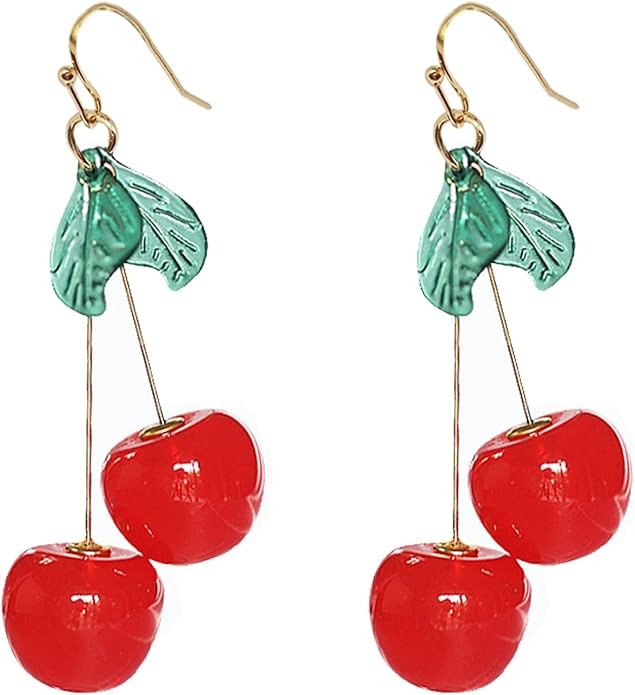 18K Gold Plated Vintage 3D Red Big Cherry Charm& Green Crystal Leaf Fruit Tassel Women Hook Dangl... | Amazon (US)