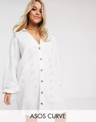 ASOS DESIGN Curve broderie button through shirt dress in white | ASOS (Global)