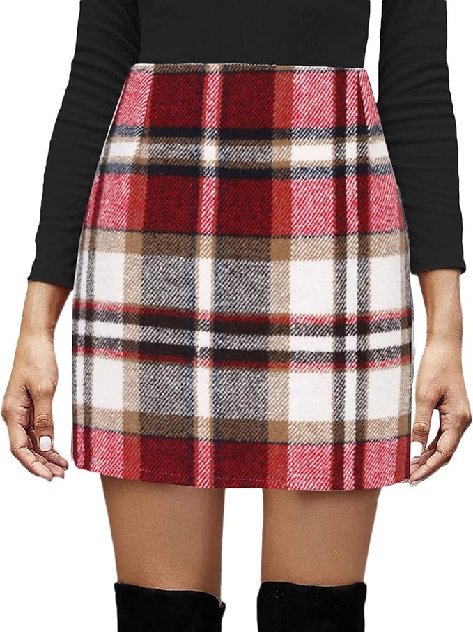 Womens Wool Plaid Skirt Fall Winter High Waisted Above Knee Length Casual Bodycon Pencil Mini Ski... | Amazon (US)