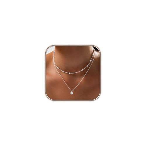 Zeffy Layered Silver Pearl Necklaces for Women Dainty Layered Tiny Single Pearl Choker Trendy Cute Silver Necklace Stack Wedding Jewelry Sets for Women Bridesmaid Gifts 2PCS | Amazon (US)