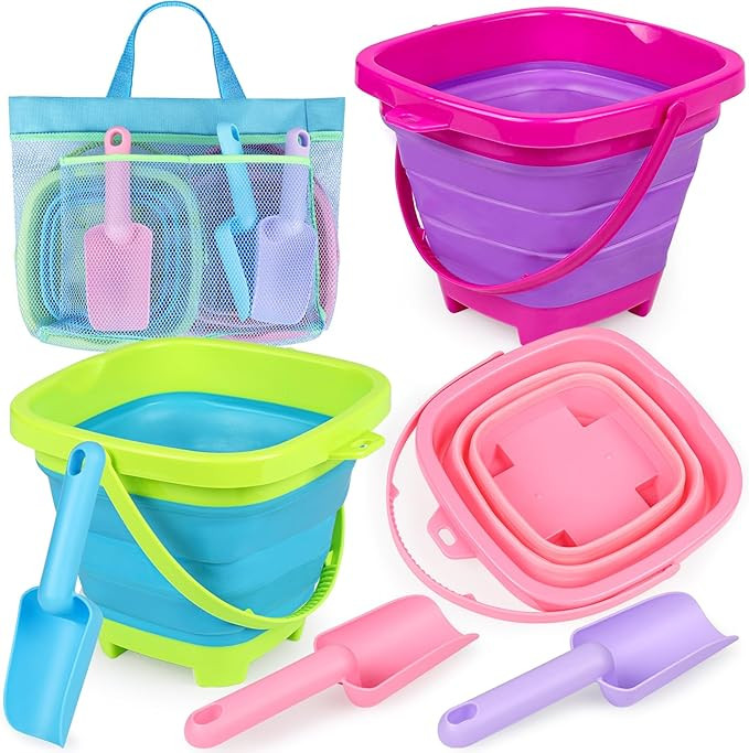 Collapsible Beach Buckets for Kids, 2 Packs Foldable Sand Buckets and Shovels with Mesh Beach Bag... | Amazon (US)