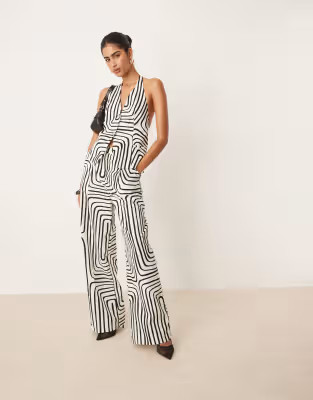 Mango geometric print tailored vest and wide leg pants set in white | ASOS (Global)