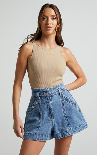Kayla Shorts - High Waisted A Line Denim Shorts in Mid Blue Wash | Showpo (US, UK & Europe)