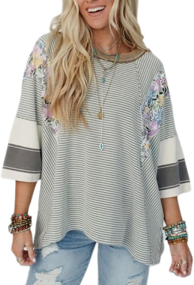 KMBANGI Women Oversized Color Block Shirt Top Striped Patchwork Floral T Shirts Loose Y2k Vintage... | Amazon (US)