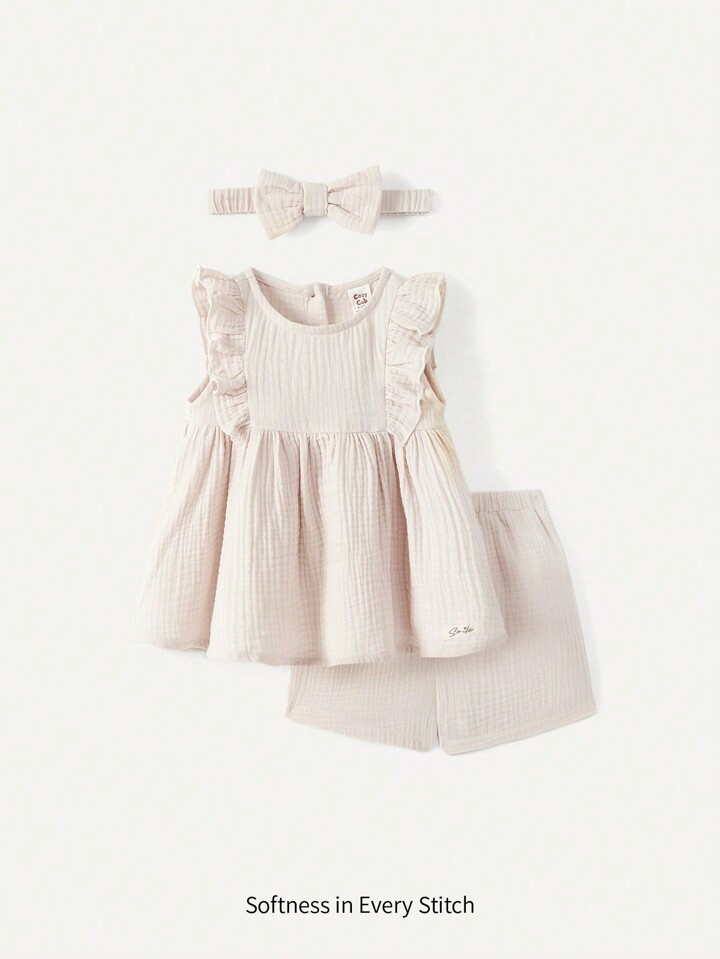 Cozy Cub Baby Girl Solid Color Round Neck Ruffle Trim Top & Shorts & Headband 3pcs Outfits Matchi... | SHEIN