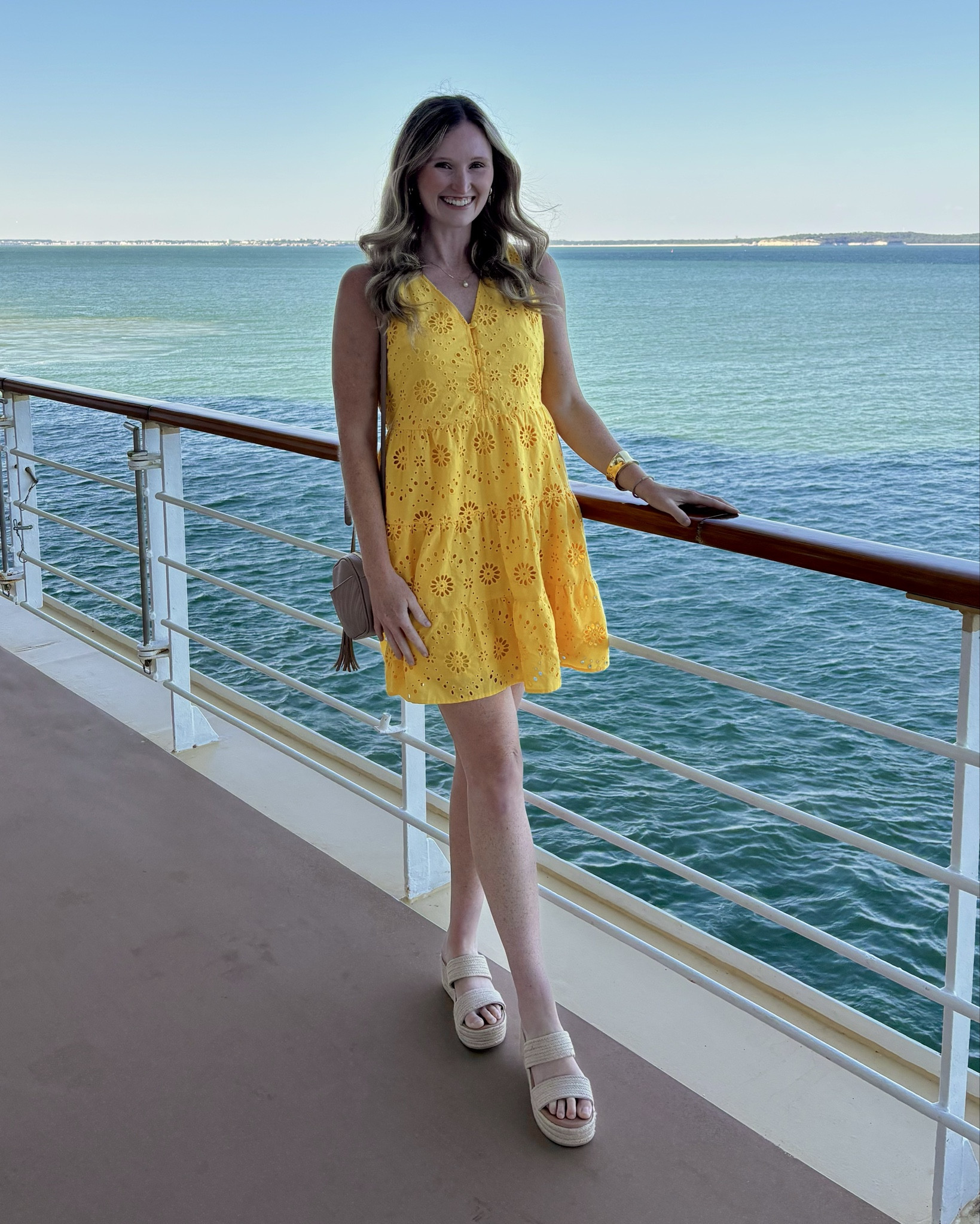 Casual beach or cruise vacation outfit. Comfortable tall girl friendly summer travel outfit. Yellow eyelet swing dress, nude platform wedges, gold jewelry 

#LTKFindsUnder50 #LTKTravel #LTKSeasonal