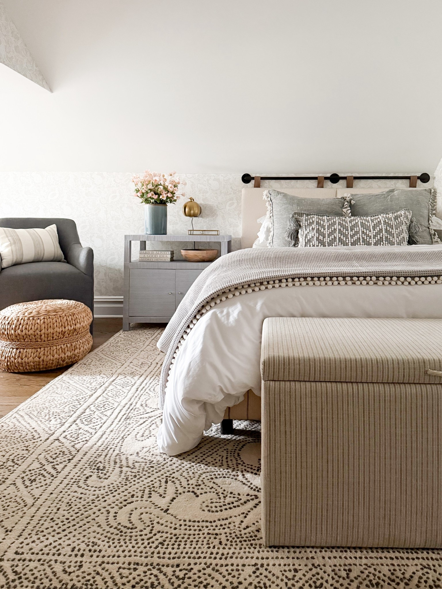 A little bedroom inspo! I gave our attic bedroom a little spring refresh with new bedding, accessories and a bedside table that I snagged at Homegoods! 

Bedroom design, bedroom decor, spring home, Serena & Lily rug, upholstered bed, grasscloth table, storage ottoman 

#LTKHome #LTKSaleAlert #LTKSeasonal