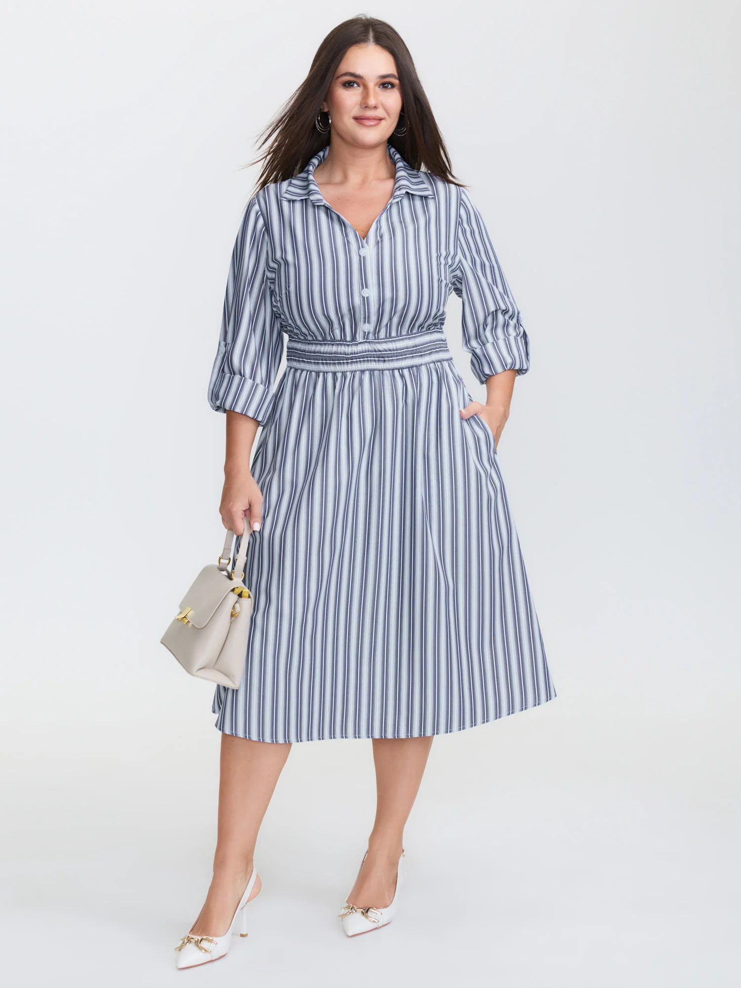 Monochrome Stripe Tab Sleeve Button Midi Dress | Bloomchic