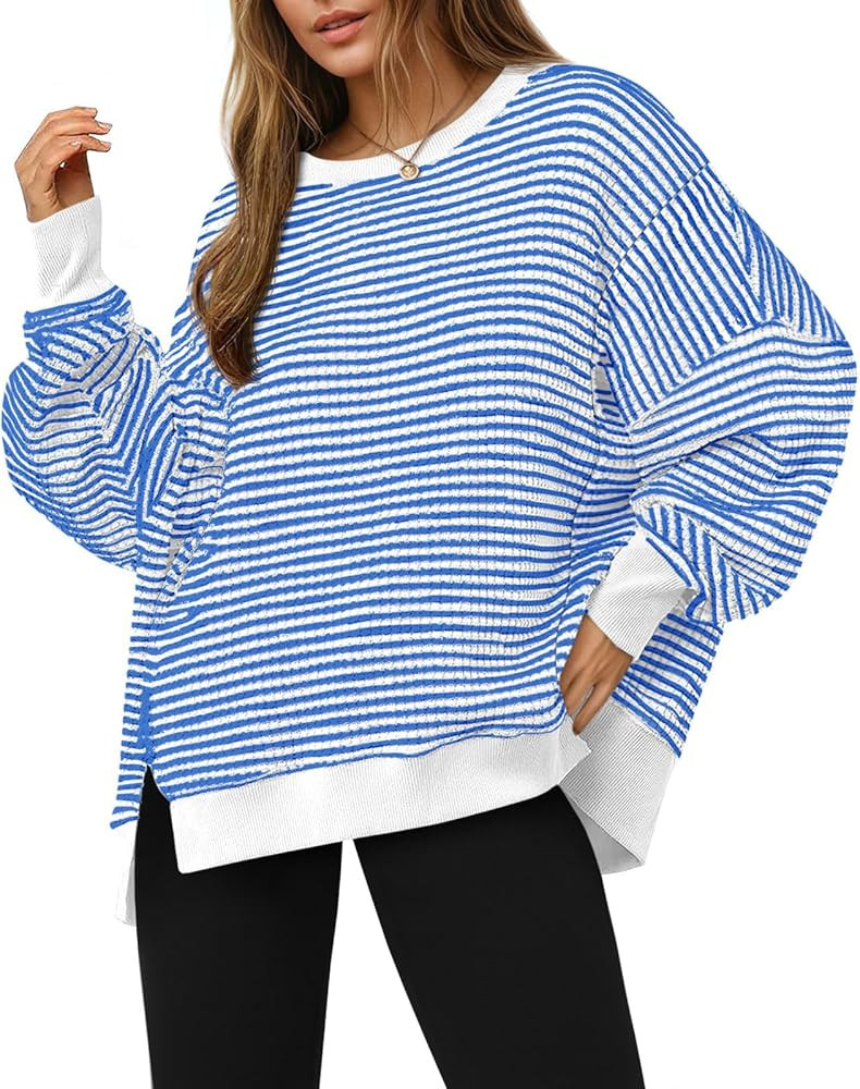 Fisoew Women's Fall Oversized Sweatshirt Casual Waffle Knit Long Sleeve Crewneck Split Pullover T... | Amazon (US)