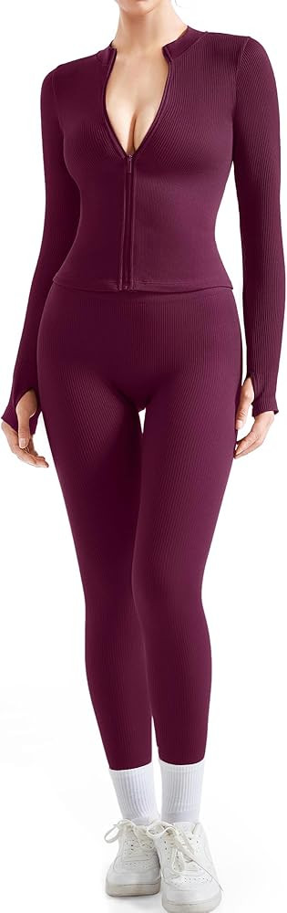 SUUKSESS Women 2 Piece Seamless Ribbed Workout Sets With Zip Up Jacket High Waisted Gym Yoga Legg... | Amazon (US)