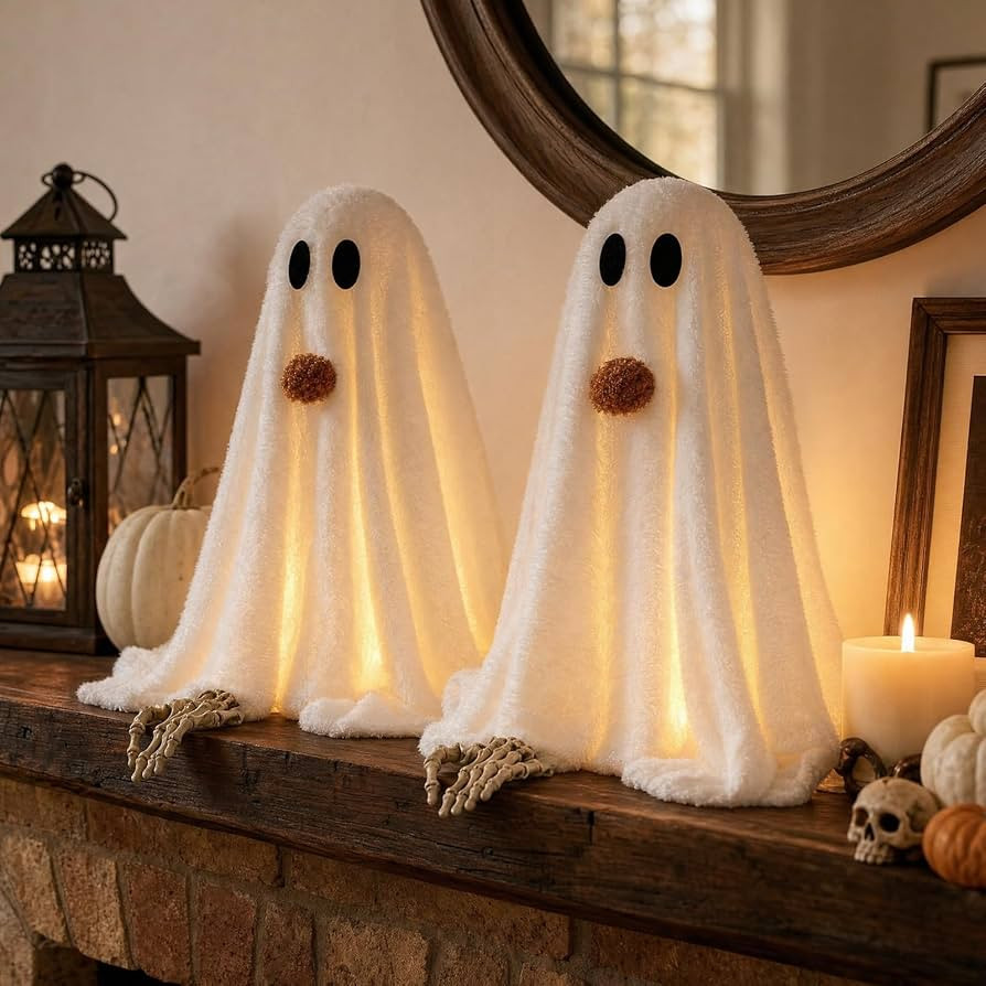 Halloween Decorations-2 Pack Light-Up Sherpa Ghosts with Pumpkin | Amazon (US)