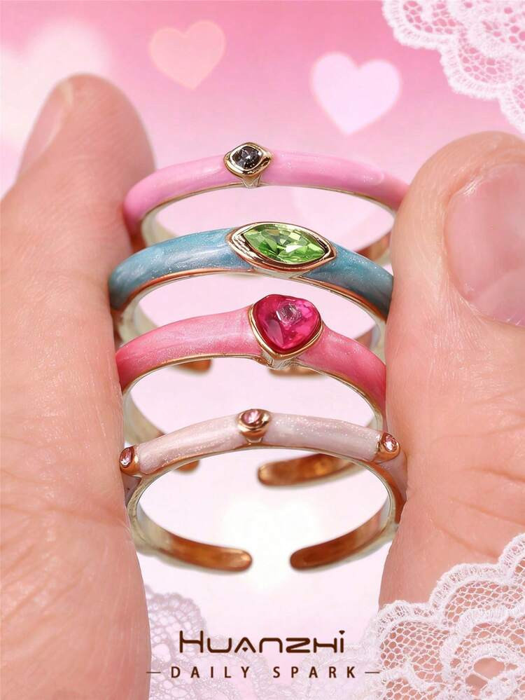 4pcs/Set Colorful Dopamine Zirconia Enamel Heart Rings, Sweet Romantic Valentine's Day Pink Ring ... | SHEIN