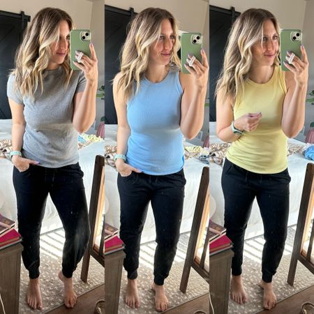 3 new colors in my favorite ribbed tee & tanks! Wearing a small tee and medium tanks. All 3 on sale! Joggers linked, too / size small! 

#LTKsalealert #LTKfitness #LTKfindsunder50