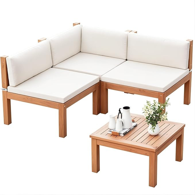 Devoko 4 Pieces Outdoor Sectional Couch Patio Sectional Sofa with Acacia Wood Coffee Table, Outdo... | Amazon (US)