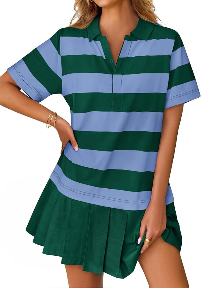 ZESICA 2025 Women's Casual Short Sleeve Tunic Shirt Dress Summer Striped V Neck Pleated Y2K Mini ... | Amazon (US)