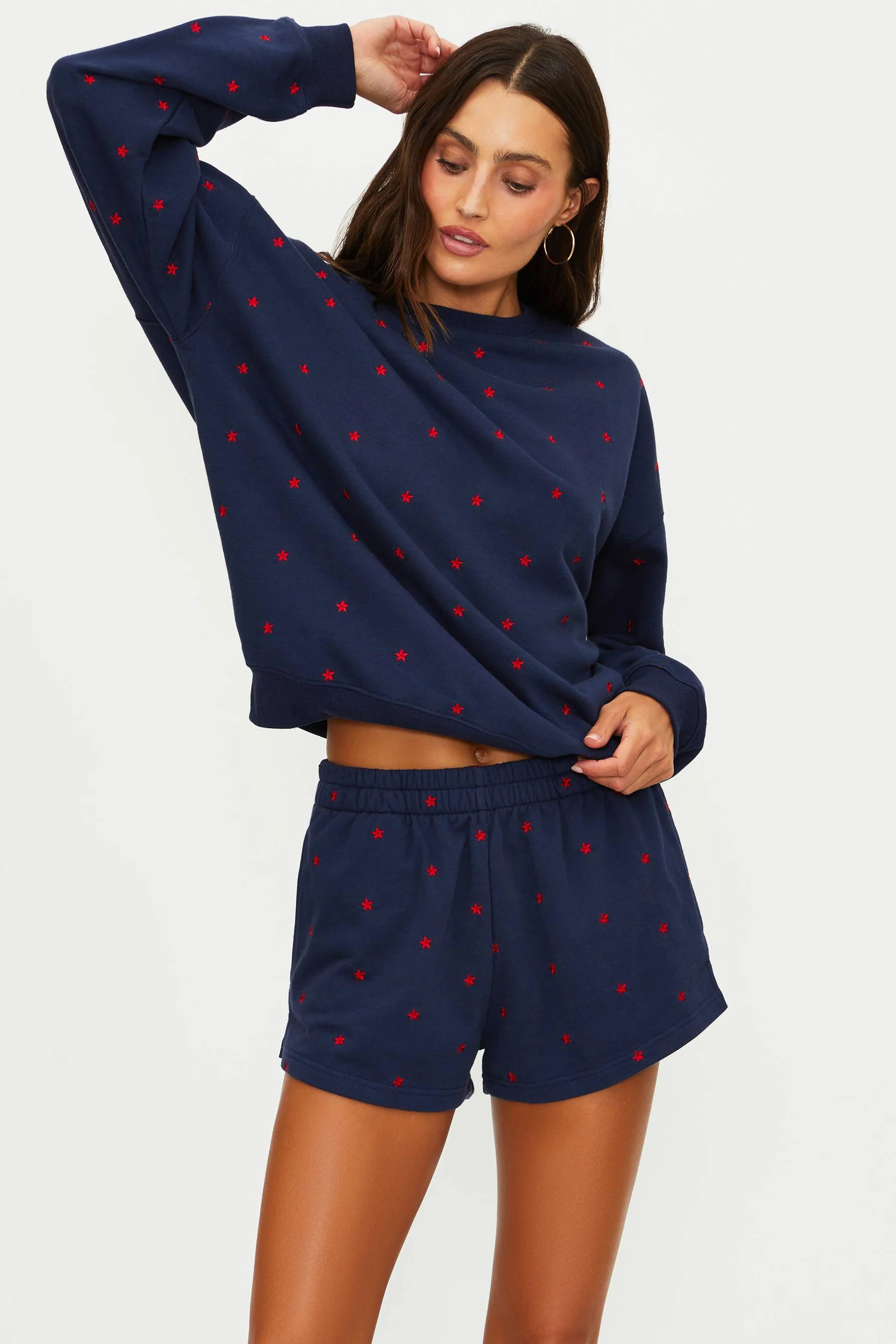 Devyn Sweatshirt Star Spangled Seas | Navy Sweatshirt with Red Stars | Beach Riot | Beach Riot