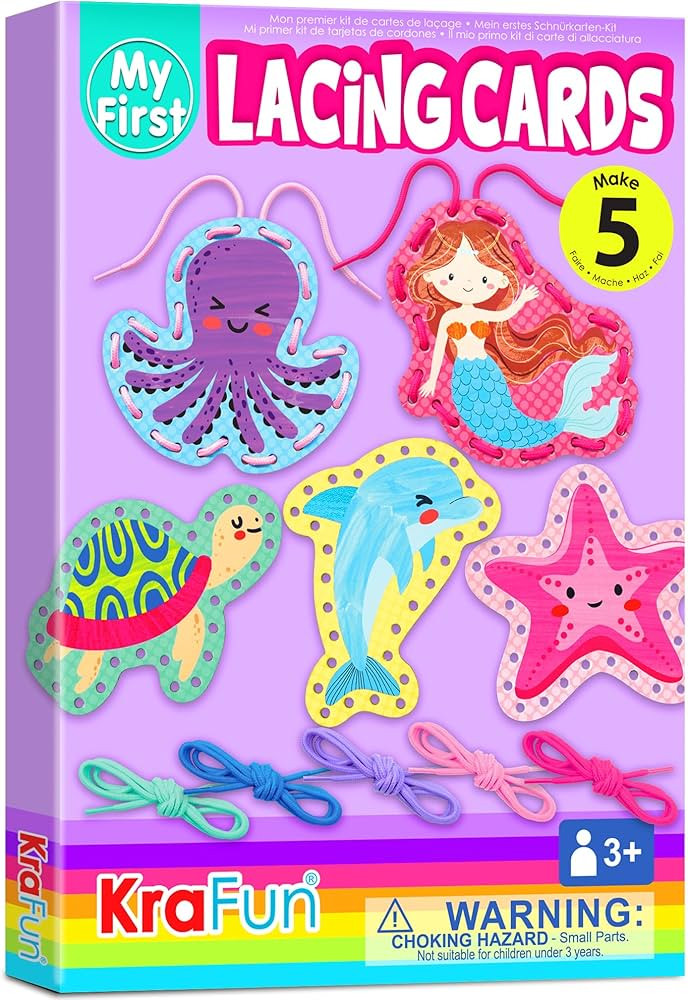 KRAFUN Beginner Mermaid Lacing Card Kit for Kids Arts & Crafts, 5 Easy Mermaid, Animal Lacing Pro... | Amazon (US)