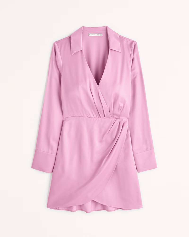 Long-Sleeve Satin Drapey Shirt Dress | Abercrombie & Fitch (US)
