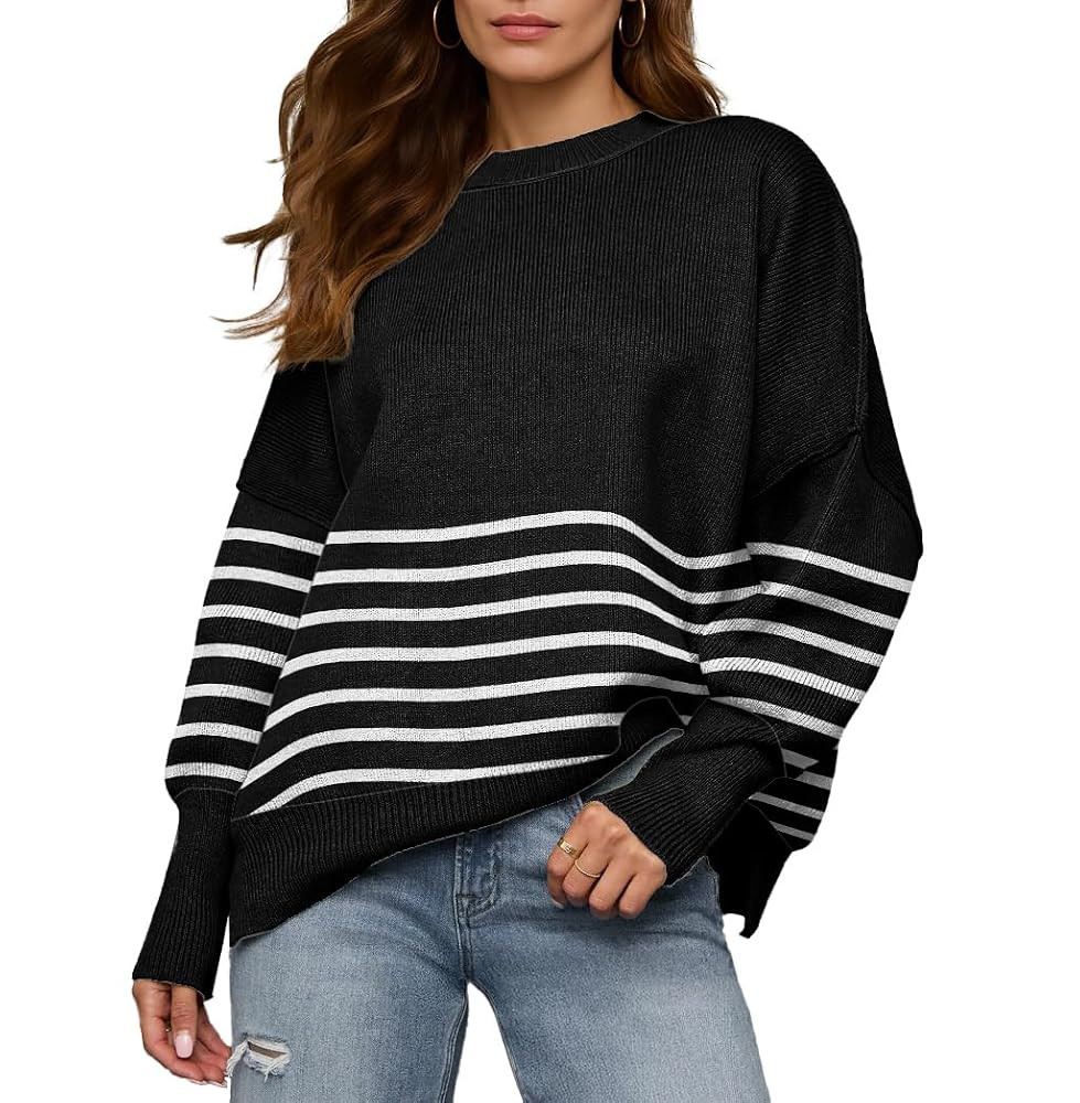 Womens Crewneck Batwing Long Sleeve Sweaters Fall 2025 Oversized Side Slit Ribbed Knit Sweaters P... | Amazon (US)