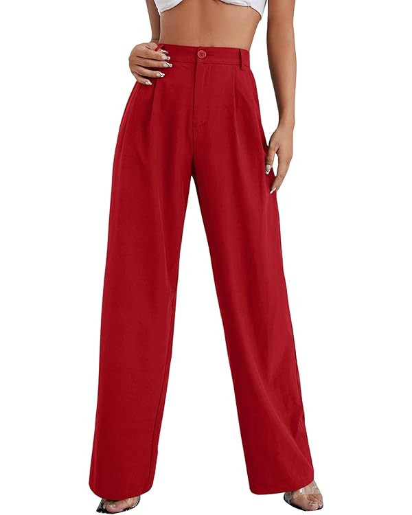 SweatyRocks Women's Casual Wide Leg High Waisted Button Down Straight Long Trousers Pants | Amazon (US)