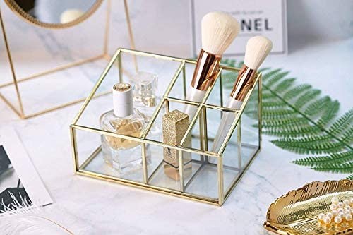 Click for more info about PuTwo Makeup Organizer Vintage 5 Compartments Glass & Metal Cosmetic Organizer Brass Makeup Stora...