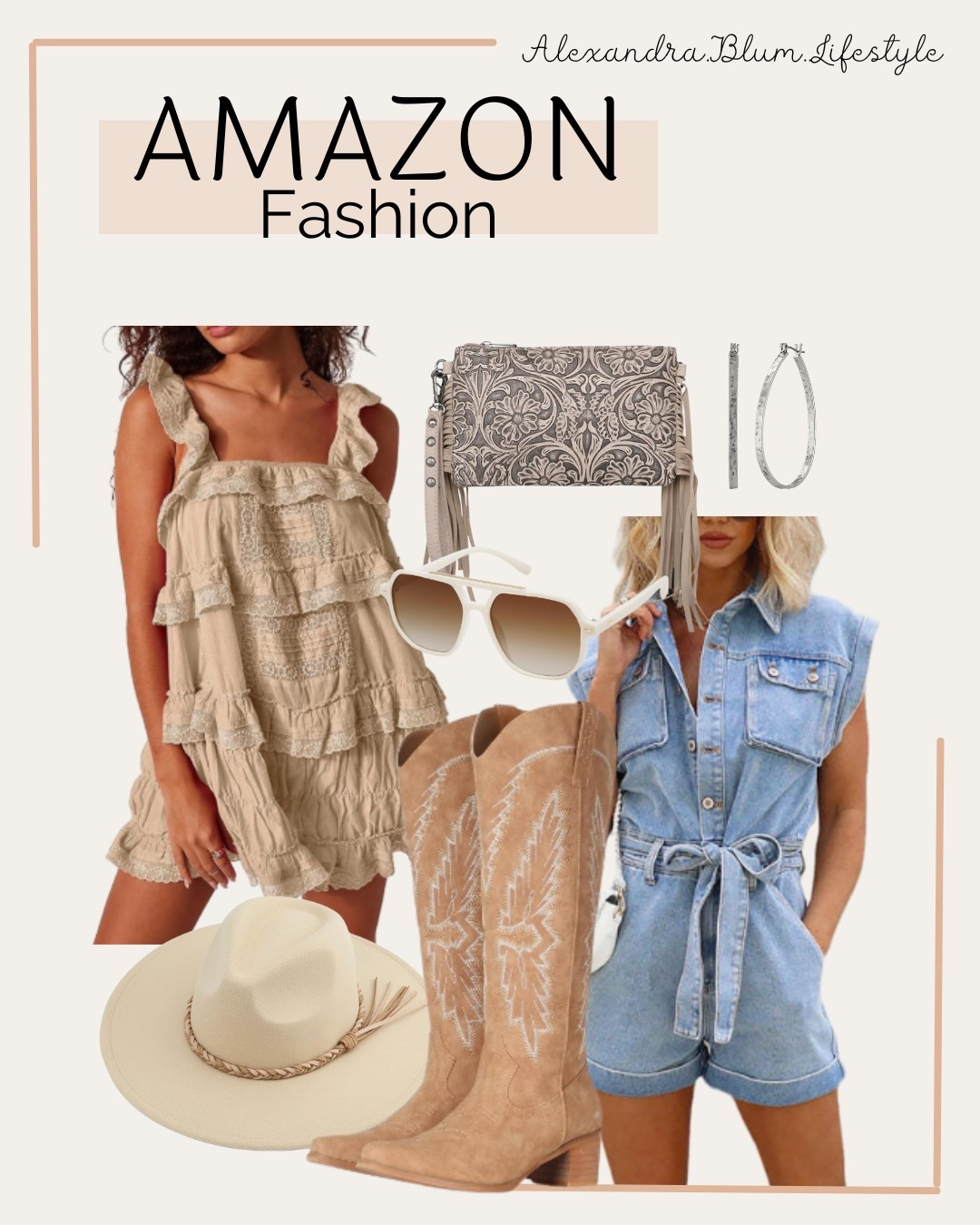 Western style outfit from Amazon! Amazon country concert outfit idea! Cute cream boho western dress, denim romper, beige cow girl boots, ivory fedora western hat, fringe clutch, and western metal hoop earrings! 

#LTKFindsUnder50 #LTKFindsUnder100 #LTKSummerEdit