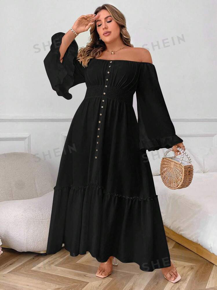SHEIN VCAY Plus Size Solid Color Front Button Long Sleeve Off-Shoulder Minimalist Casual Long Dre... | SHEIN