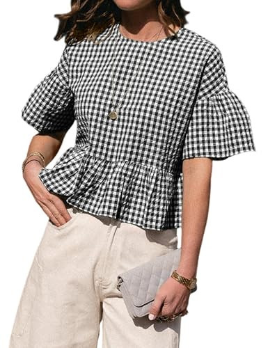 Ailoqing Womens Gingham Top Casual Short Bell Sleeve Crew Neck Ruffle Babydoll Peplum Blouse Plaid Shirts(Black-S) | Amazon (US)