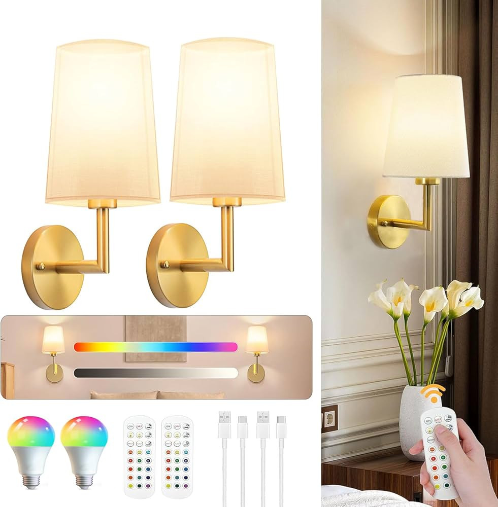 Battery Operated Wall Sconce Set of 2, Gold Cordless Wall Lights with 5200mAh Dimmable Detachable... | Amazon (US)