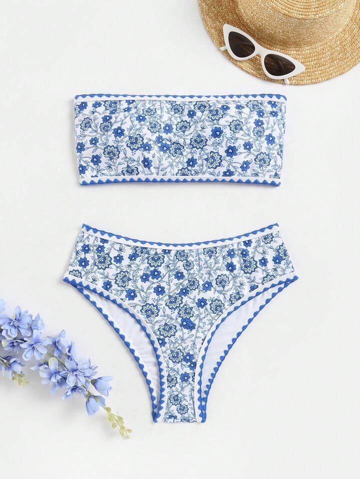 SHEIN Swim BohoFeel Floral Print Bandeau Bikini Swimsuit | SHEIN