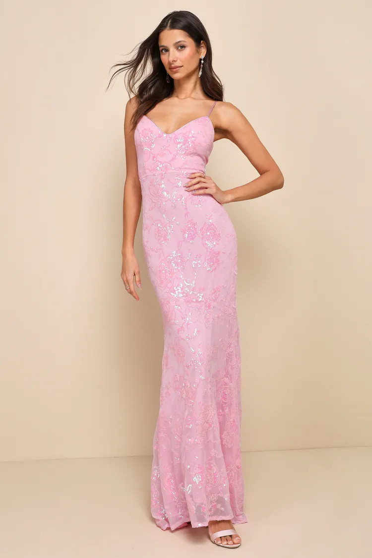 Glittering Excellence Light Pink Sequin Lace-Up Maxi Dress | Lulus