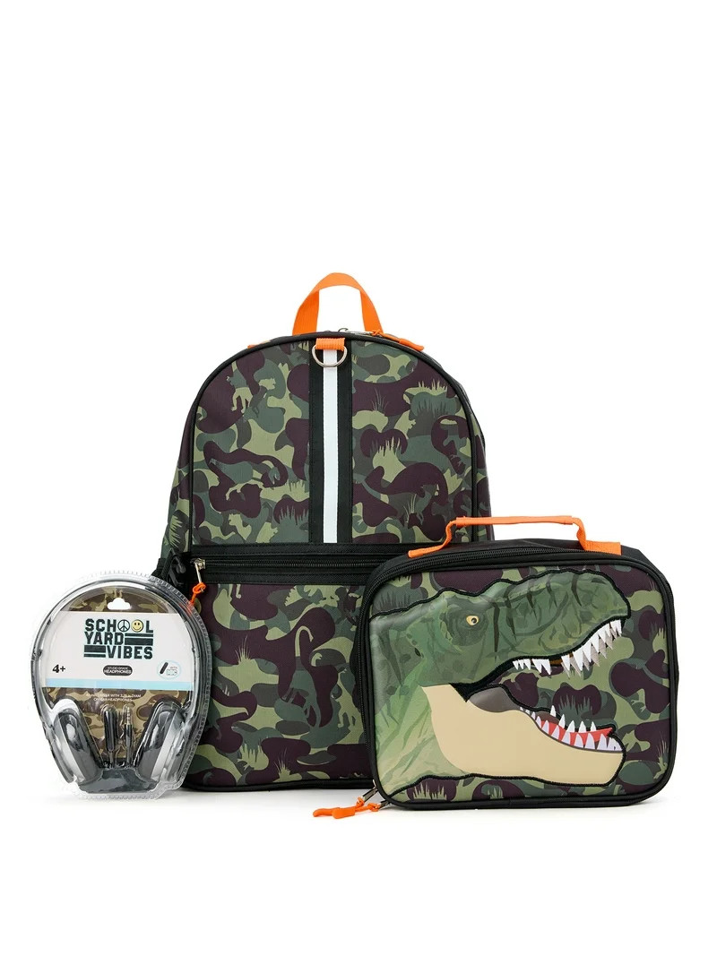Schoolyard Vibes 17" Boys' 3-Piece Dinosaur Kids Backpack Set with Headphones & Lunch Box, Dino C... | Walmart (US)