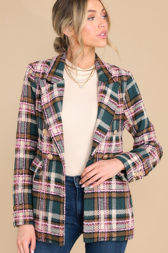 Inspiring Confidence Dark Green Multi Plaid Jacket | Red Dress 