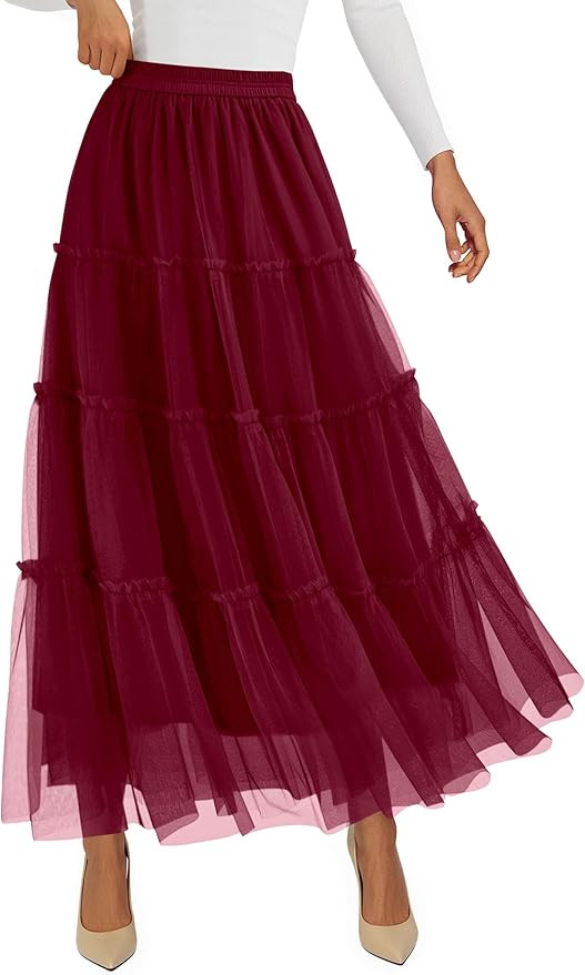 PRETTYGARDEN Tulle Skirts for Women 2025 Fall Fashion Elastic High Waisted Tiered Flowy A-Line Ca... | Amazon (US)