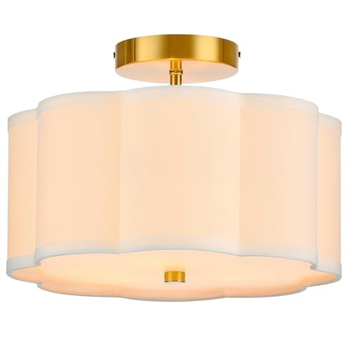 VONLUCE Semi Flush Mount Ceiling Light, 13'' Ceiling Light Fixture with Flower-Shaped Fabric Shade, 3-Light Modern Light Fixture for Bedroom Living Room Nursery Hallway, White Shade & Gold Finish | Amazon (US)