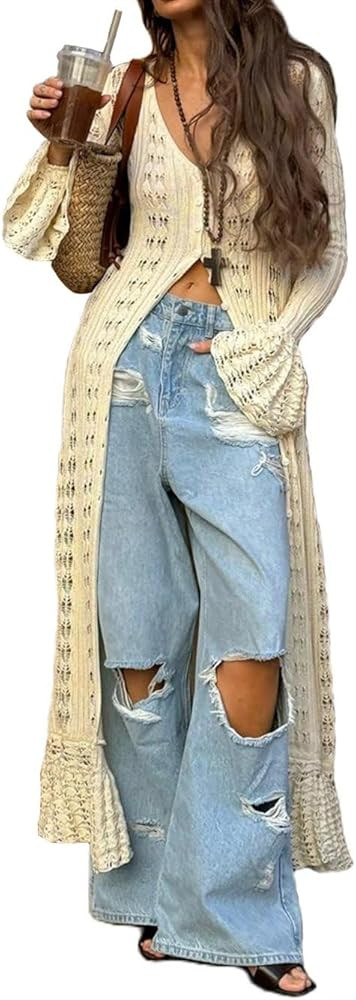 Women Elegant Crochet Knit Maxi Dress Button Down Hollow Out Cover Up Vacation Long Dress | Amazon (US)