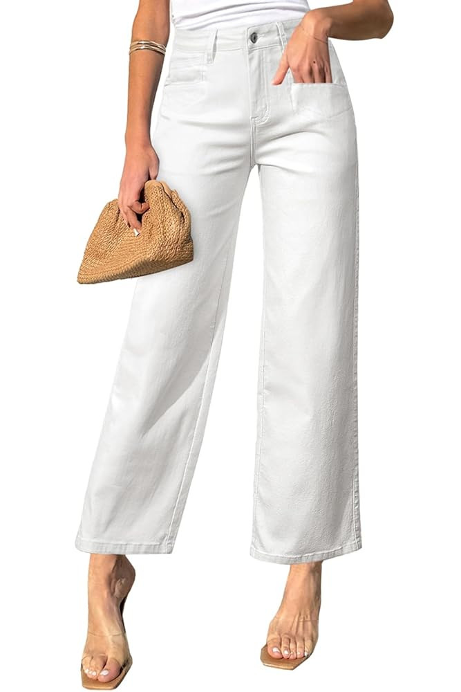 Sidefeel Women's Wide Leg Jeans High Waisted Stretchy Jeans Straight Leg Zimbaplatinum Ankle Deni... | Amazon (US)